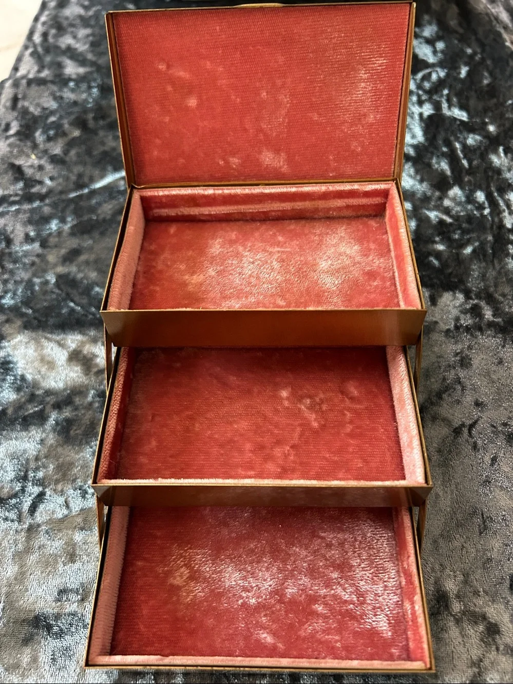 Vintage Brass & Velvet Three-Tier Jewelry Box- Mid-Century Storage Velvet Box